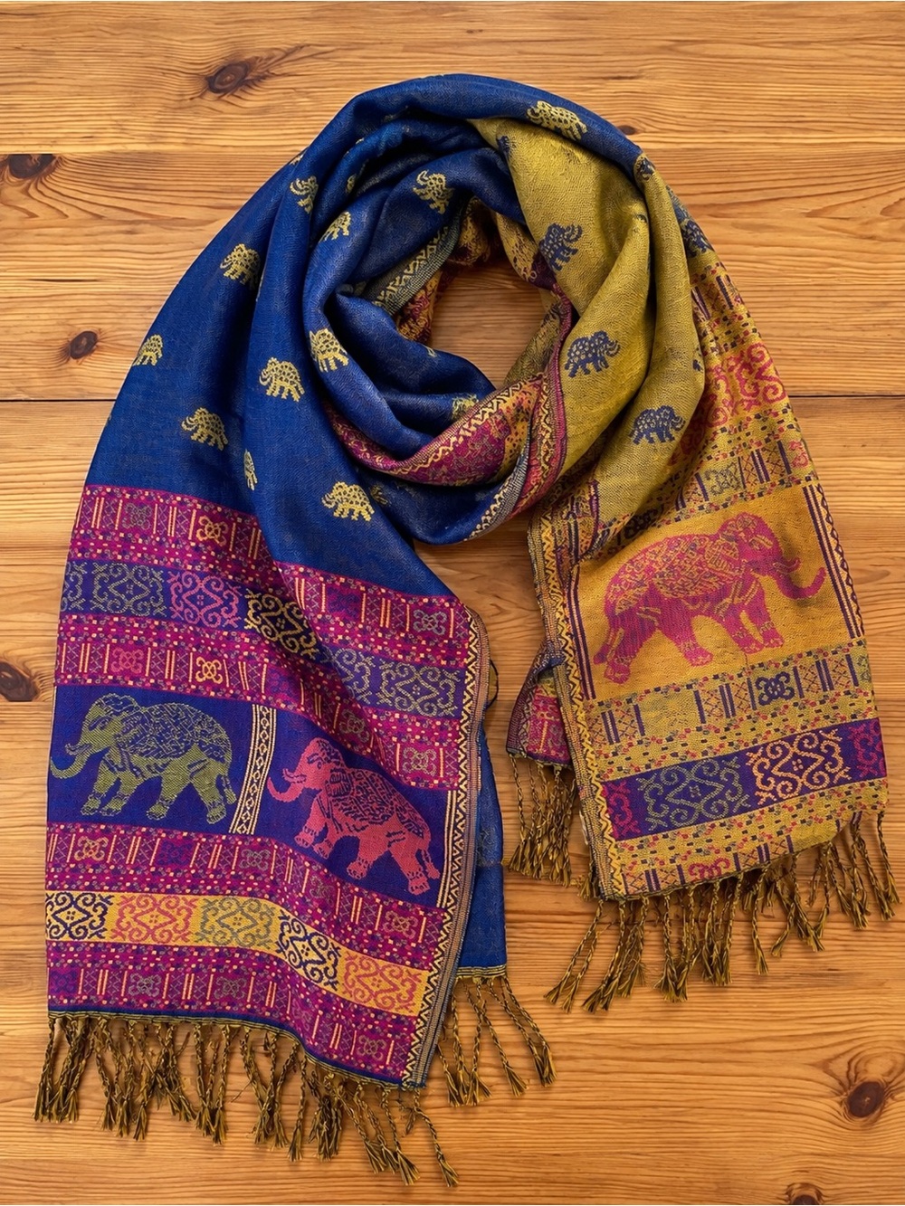 Pashmina 100% Cashmere Reversible Elephant Tapestry Scarf Shawl Indigo & Mustard